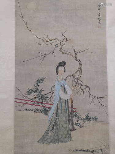 A Chinese Figure Vertical Silk Scroll, Pu Xiaohuai Mark