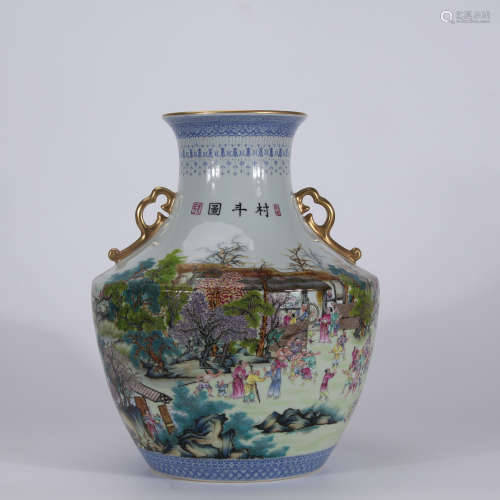 A Chinese Famille Rose Porcelain Double-eared Zun