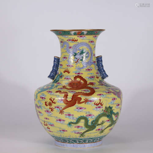 A Chinese Yellow Ground Famille Rose Porcelain Vase