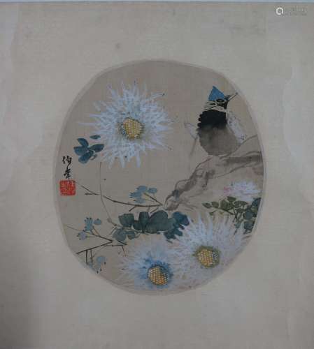 A Chinese Bird-and-flower Silk Scroll, Ren Bonian Mark