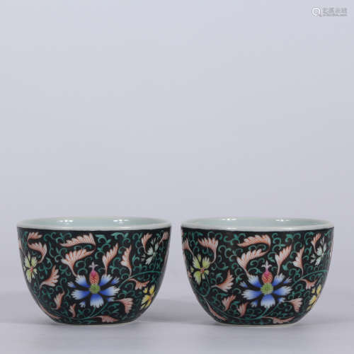 A Pair of Chinese Black Ground Floral Porcelain Cups