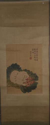 A Chinese Flower-and-plant Vertical Silk Scroll, Hezhang Mark