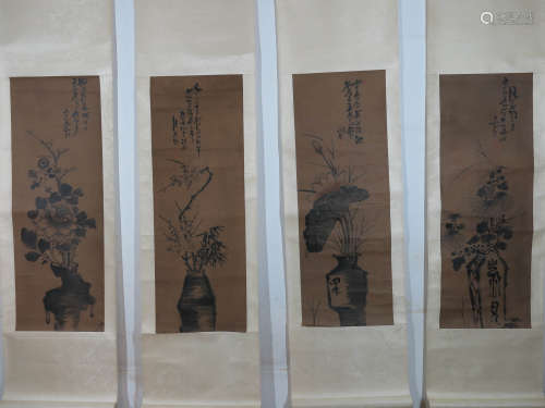 4 Chinese Flower-and-plant Scrolls, Zhouxian Mark