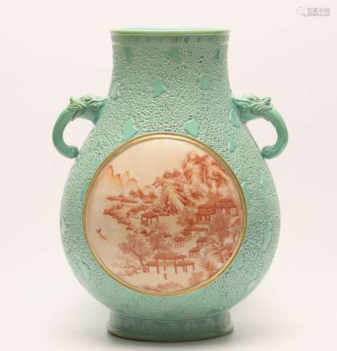 A Chinese Turquoise Glazed Porcelain Double-eared Zun