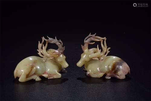 A Pair of Chinese Carved Jade Deer Decorations