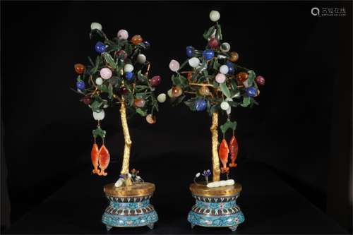 A Pair of Chinese Cloisonne Bonsai