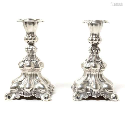 A Pair of Chinese Caved Silver Candle Holder