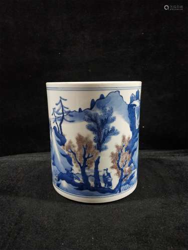 A Chinese Iron-Red Glazed Blue and White Porcelain Brush Pot