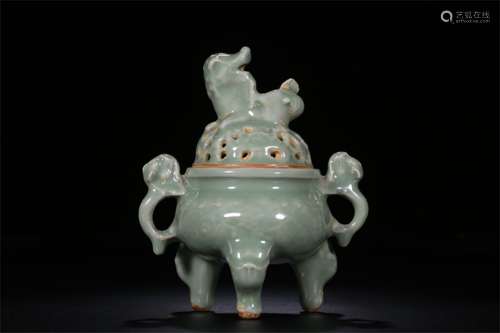 A Chinese Celadon Glazed Porcelain Incense Burner