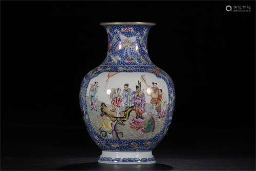 A Chinese Famille-Rose Glazed Blue and White Porcelain Vase