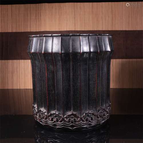 A Chinese Carved Hardwood Brush Pot