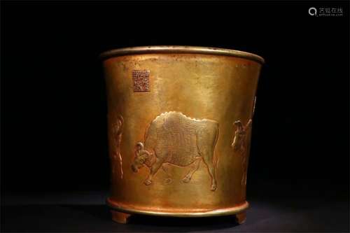 A Chinese Gilt Bronze Brush Pot