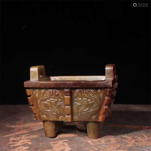 A Chinese Carved Jade Square Ritual Vessel