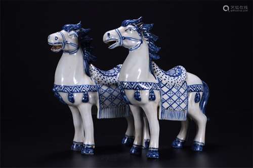 A Pair of Chinese Blue and White Porcelain War Horses