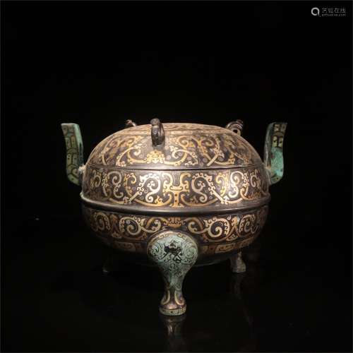A Chinese Bronze Incense Burner with Cover with Gold Inlaided