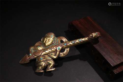 A Chinese Bronze Belt Hook with Gold and Silver Inlaided