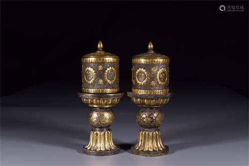 A Pair of Chinese Gilt Bronze Cylinder Container