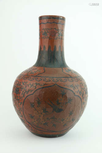 Qing dynasty lacquer ware bottle  with flowers and birds pattern