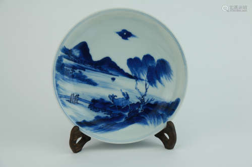 Qing dynasty blue and white plate with figure and mountain pattern