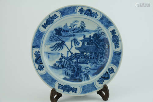 Qing dynasty blue and white plate with figure and mountain pattern