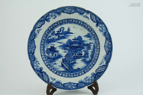 Qing dynasty blue and white plate with mountain pattern