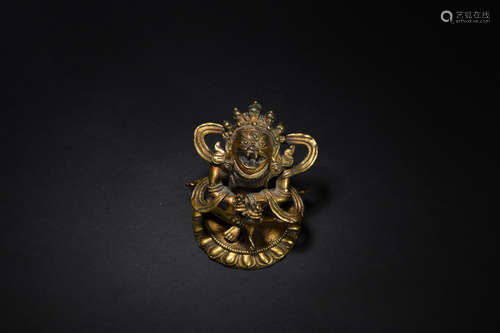 Qing Dynasty gilt bronze Mahakala sitting statue