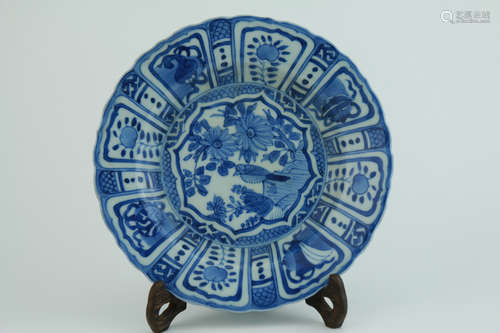 Qing dynasty blue and white plate with flowers and birds pattern