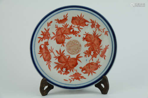 Qing dynasty blue and white allite red plate with melon and fruit pattern