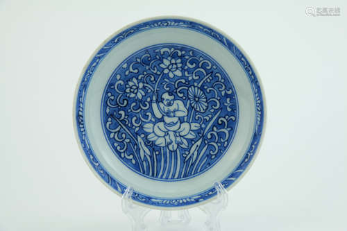 Qing dynasty blue and white plate with kids pattern