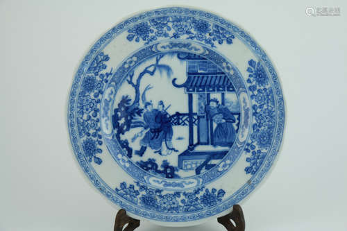 Qing dynasty blue and white plate with figure pattern