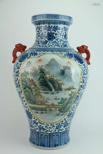 Qing dynasty blue and white bottle with figures and landscape pattern