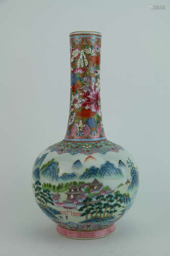 Qing dynasty famille rose bottle with landscape and characters pattern