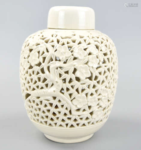 Chinese White Glazed Hollaw Jar and Cover,20th C.