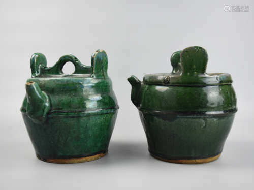 Two Chinese Shiwan Ware Green Glazed Jars, 19th C.