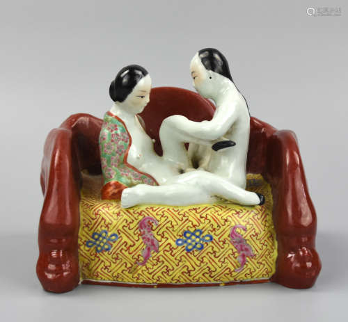 Erotic Chinese Famille Rose Figure on Love Seat
