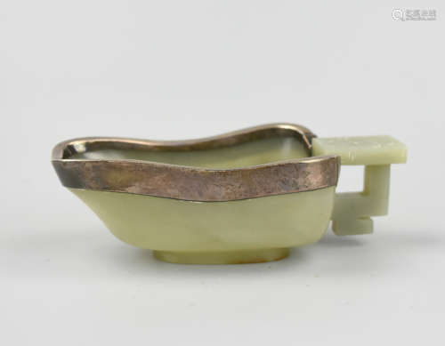 Chinese Hetian Celadon Jade Cup w/ Silver, Ming D.