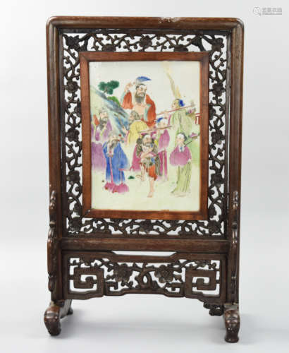Chinese Famille Rose Screen w/ 8 Immortals, 19th C