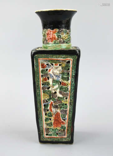 Chinese Black Famille Verte Square Vase,19th C.