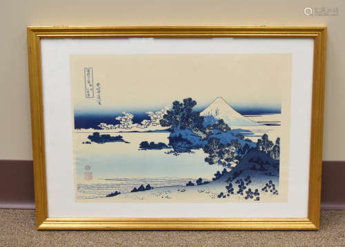 Japnese Framed Woodblock Paint, Mt Fuji, 20th C