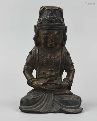 Chinese Bronze Seated Buddha w/ Wine Pot, Ming D.
