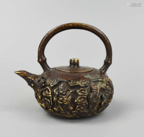 Small Chinese Bronze Teapot w/ 8 Immortals, 19th C