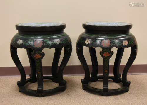 Pair of Chinese Cloisonne & Lacquer Stools,20th C.