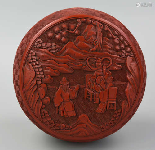 Chinese Carved Laqcuer Box w/ 3 Scholars,19th C