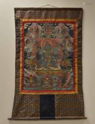 Tibetan Tangka: 9 Buddhist Deities Painted on Silk