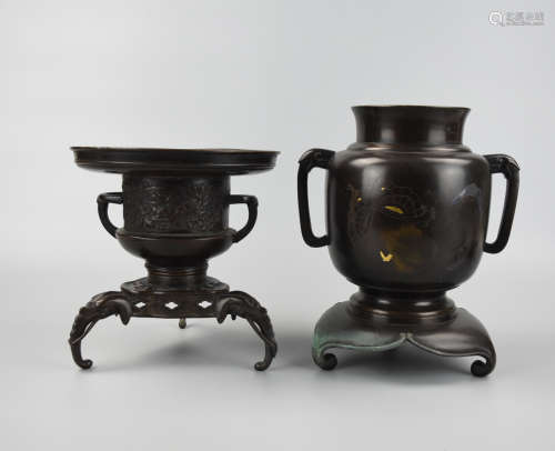 Set of Massive Asian Censer and Twin Handled Vase