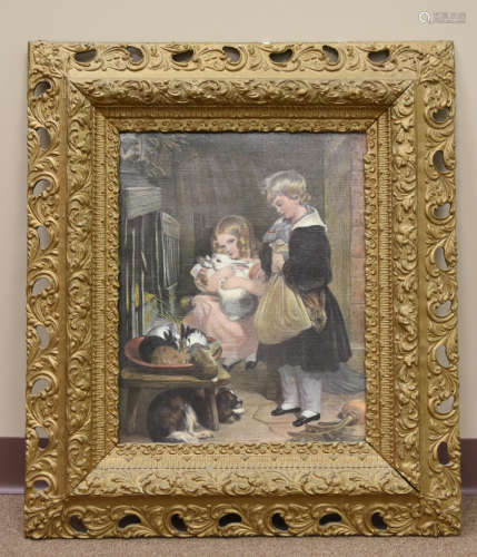 Genre Painted Print of Two Sisters with Pets