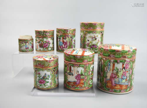 (7) Set of Cantonese Glazed Covered Jars, 19th C