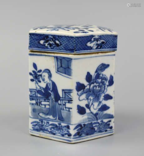 Chinese Blue & White Tea Caddy & Cover, 19th C.