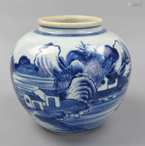 Chinese B & W Jar w/ Landscape, 18-19th C.