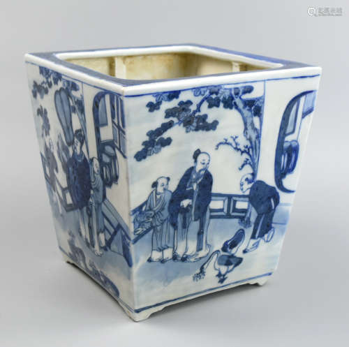 Chinese B & W Square Flower Basin w/ Figure,19th C